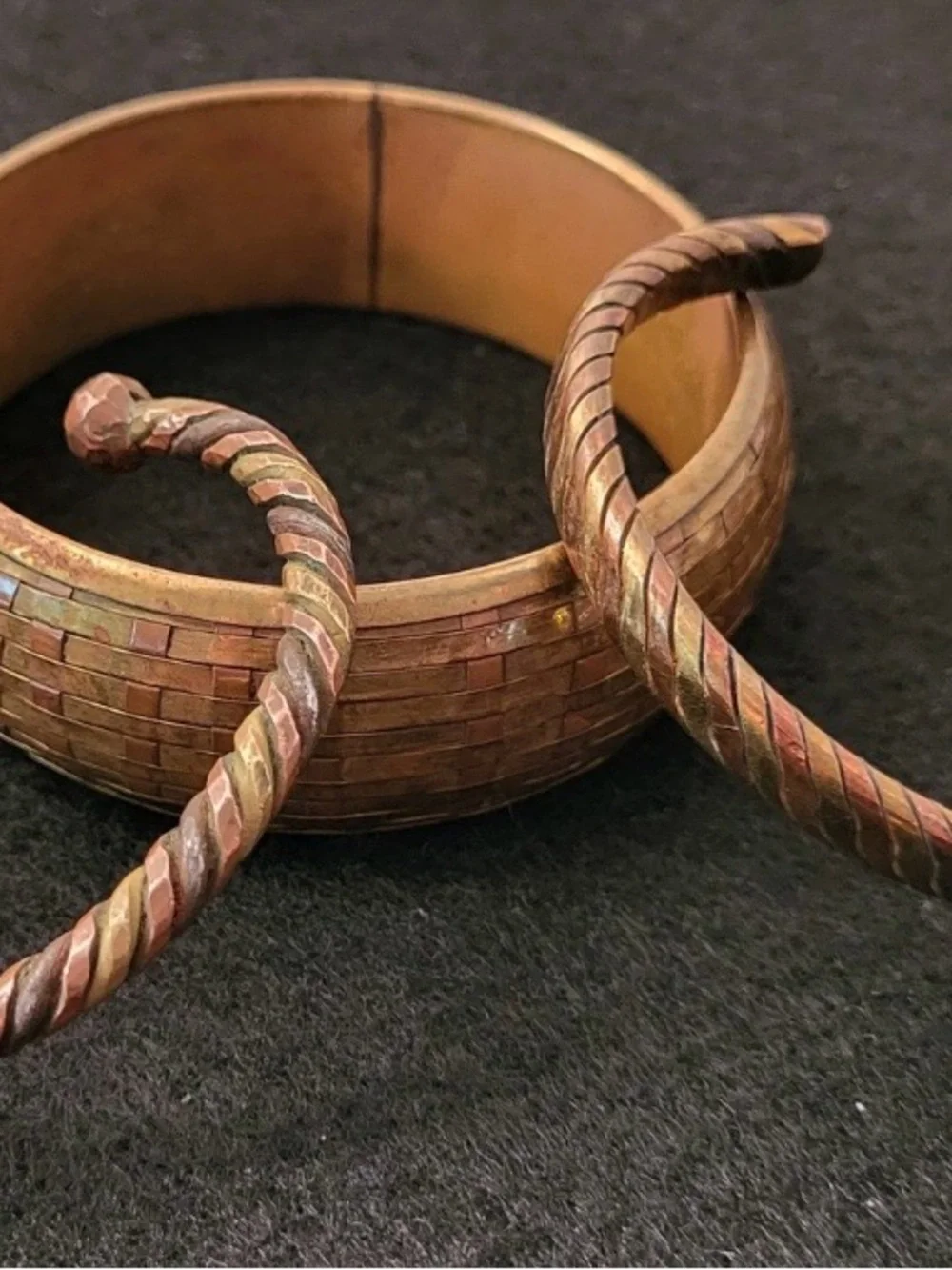 Vintage Copper bracelet lot of 2 Twist cuff Bracelets & a Woven Bangle 3 total